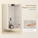Meuble Mural de Salle de Bain, Étagère Réglable en Verre Trempé, Porte sans Poignée, Moderne, 30x23,4x71,2cm, Blanc-5