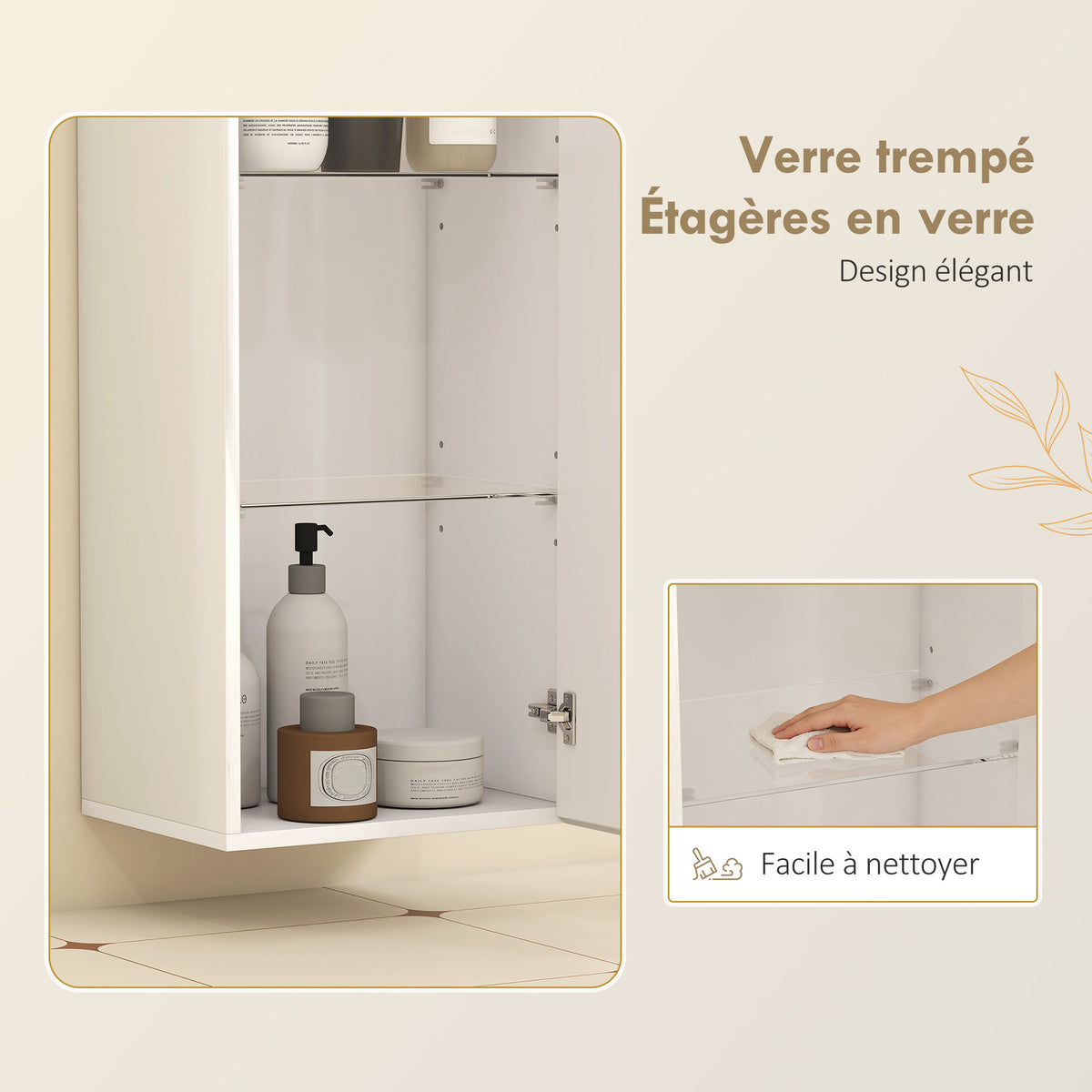 Meuble Mural de Salle de Bain, Étagère Réglable en Verre Trempé, Porte sans Poignée, Moderne, 30x23,4x71,2cm, Blanc-5