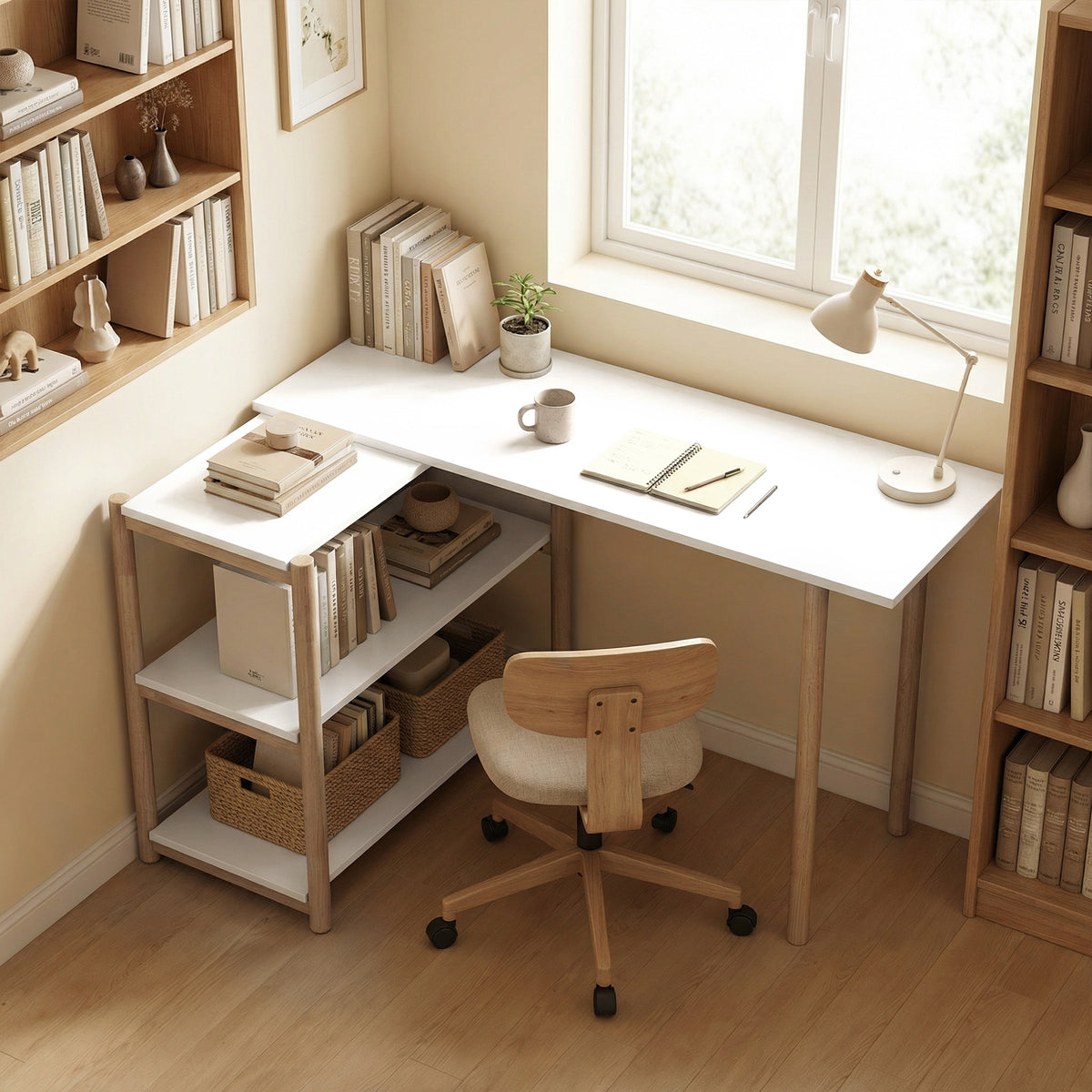 Bureau pliable, bureau d'ordinateur moderne avec étagères de rangement et cadre en bambou, blanc et chêne-1
