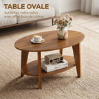 Table Basse Ovale à 2 Niveaux, Table de Salon Moderne avec Étagère Inférieure Ouverte, 80 x 50 x 45 cm, Chêne-3