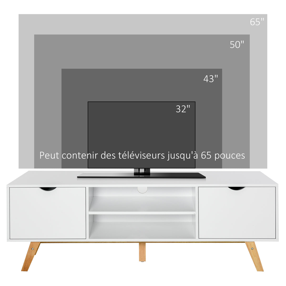 Meuble TV Banc TV sur Pied Moderne Scandinave 2 Portes 2 niches en Bois Blanc 150L x 39l x 50H cm-3