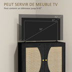 Buffet de cuisine meuble de rangement design bohème double portes avec 2 niveaux, façade en rotin 80 x 38 x 79 cm noir-4