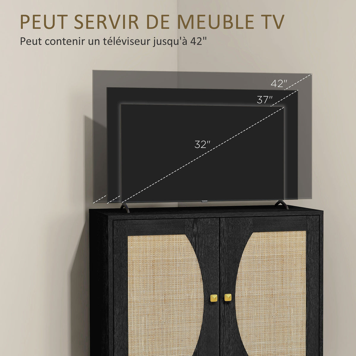 Buffet de cuisine meuble de rangement design bohème double portes avec 2 niveaux, façade en rotin 80 x 38 x 79 cm noir-4