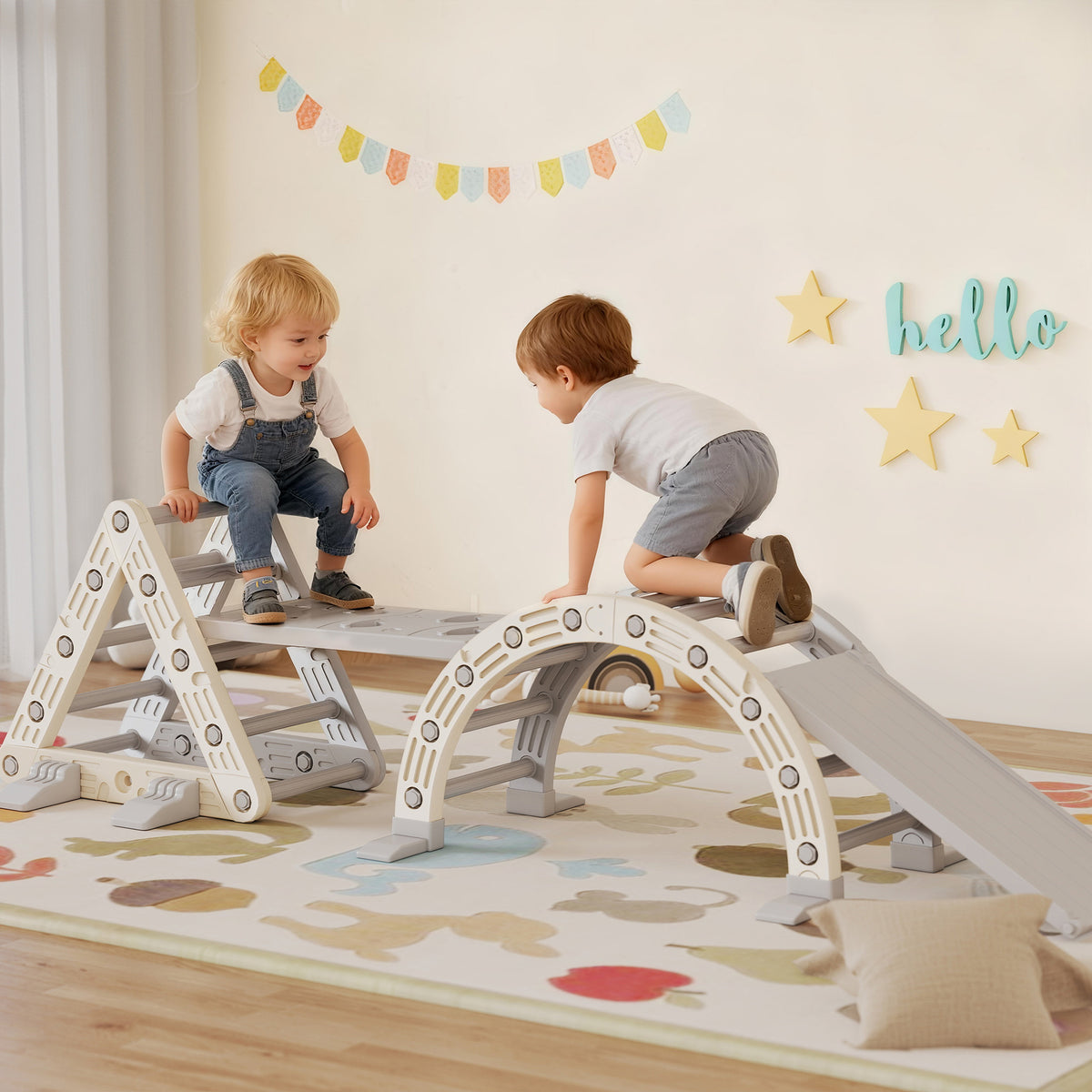 8 en 1 Triangle escalade enfants, arc d'escalade, rampe double-face pour grimper & glisser, 279 x 80 x 69 cm, gris-1