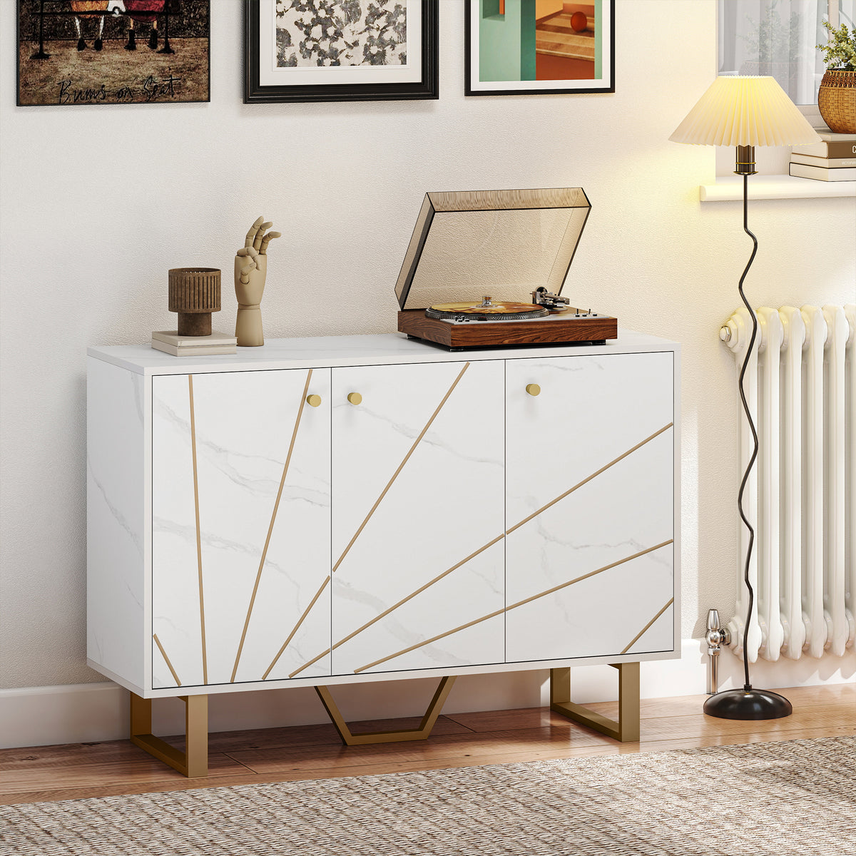 Meuble de rangement buffet salon avec 2 placards 3 portes et étagère réglable, pieds en métal, aspect marbre blanc-9