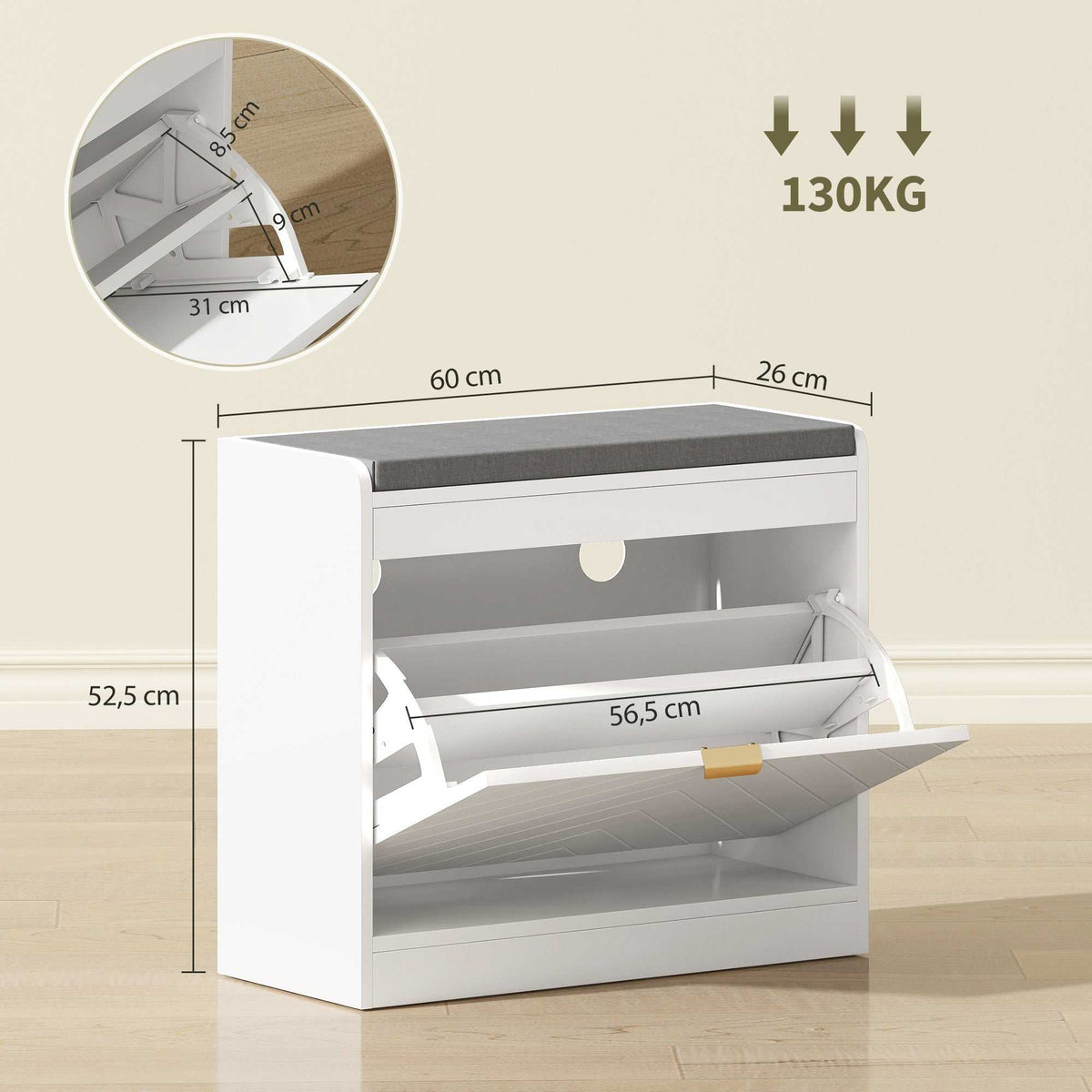 Banc à chaussures, banc de rangement, assise rembourrée, tiroir rabattable, porte avec motif 60 x 26 x 52,5 cm, blanc-2