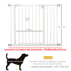 Barrière de sécurité largueur réglable 74-80 / 91,5-97,5 cm double verrouillage fermeture automatique barrière chien pour porte couloir escalier sans perçage acier blanc-2