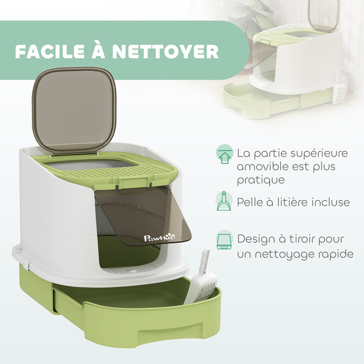 Maison de toilette pour chat bac à litière fermé chat avec porte translucide pelle incluse 40,5 x 52,5 x 42,5 cm vert-4