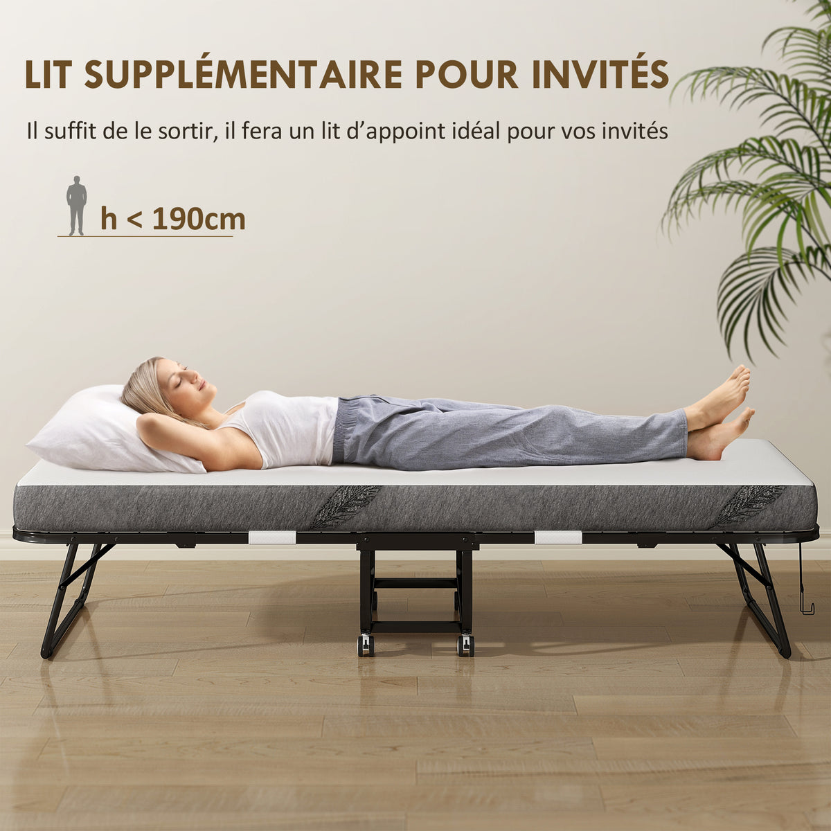 Lit pliant 1 personne 200 x 80 cm avec matelas, lit d'appoint pliable et portable sur roulettes, cadre en acier, blanc-3