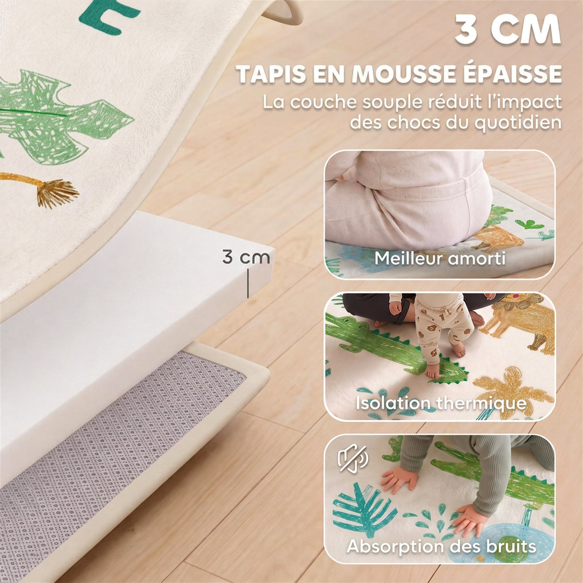 Tapis de Jeu pour Enfants Tapis de Chambre d'Enfant en Mousse Épaisseur 3 cm Motif Animal Base Antidérapante 150x200cm-3