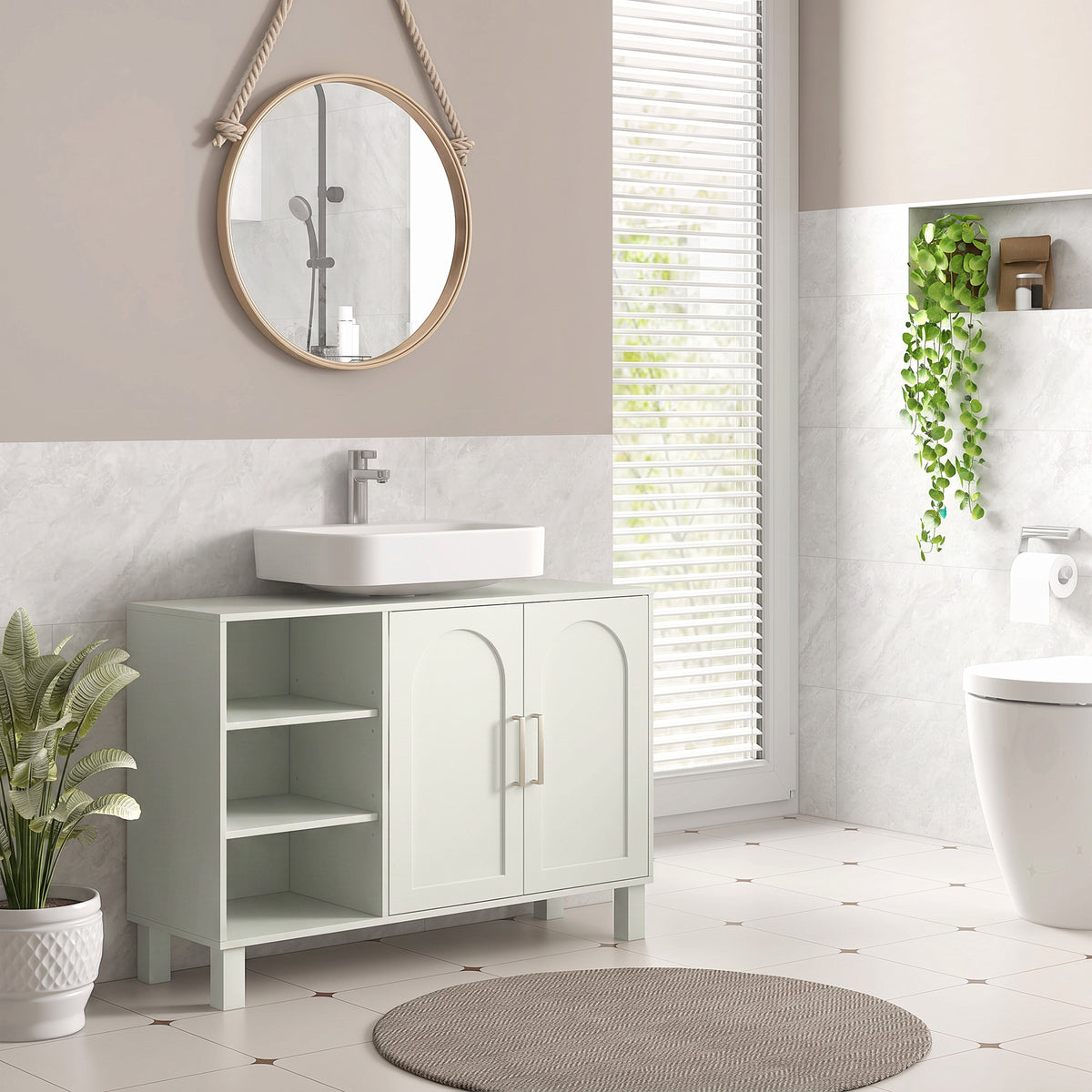 Meuble sous lavabo meuble de salle de bain avec placard à deux niveaux étagères réglables 90l x 30P x 63H cm crème-1