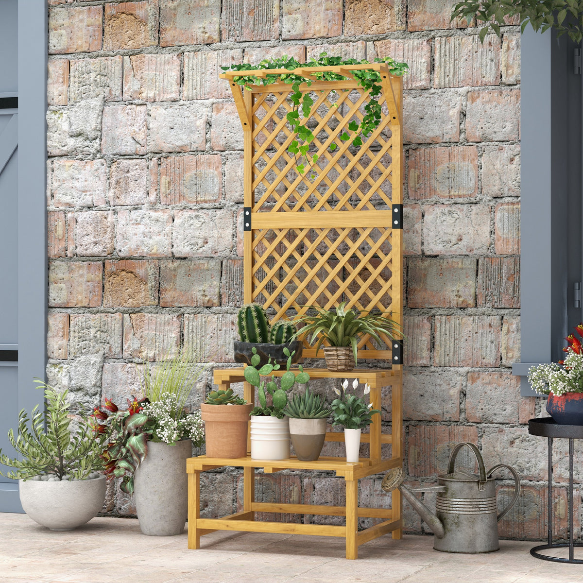 Support plantes intérieur porte plante intérieure à deux niveaux avec treillis 60 x 50 x 166 cm en bois massif jaune-1
