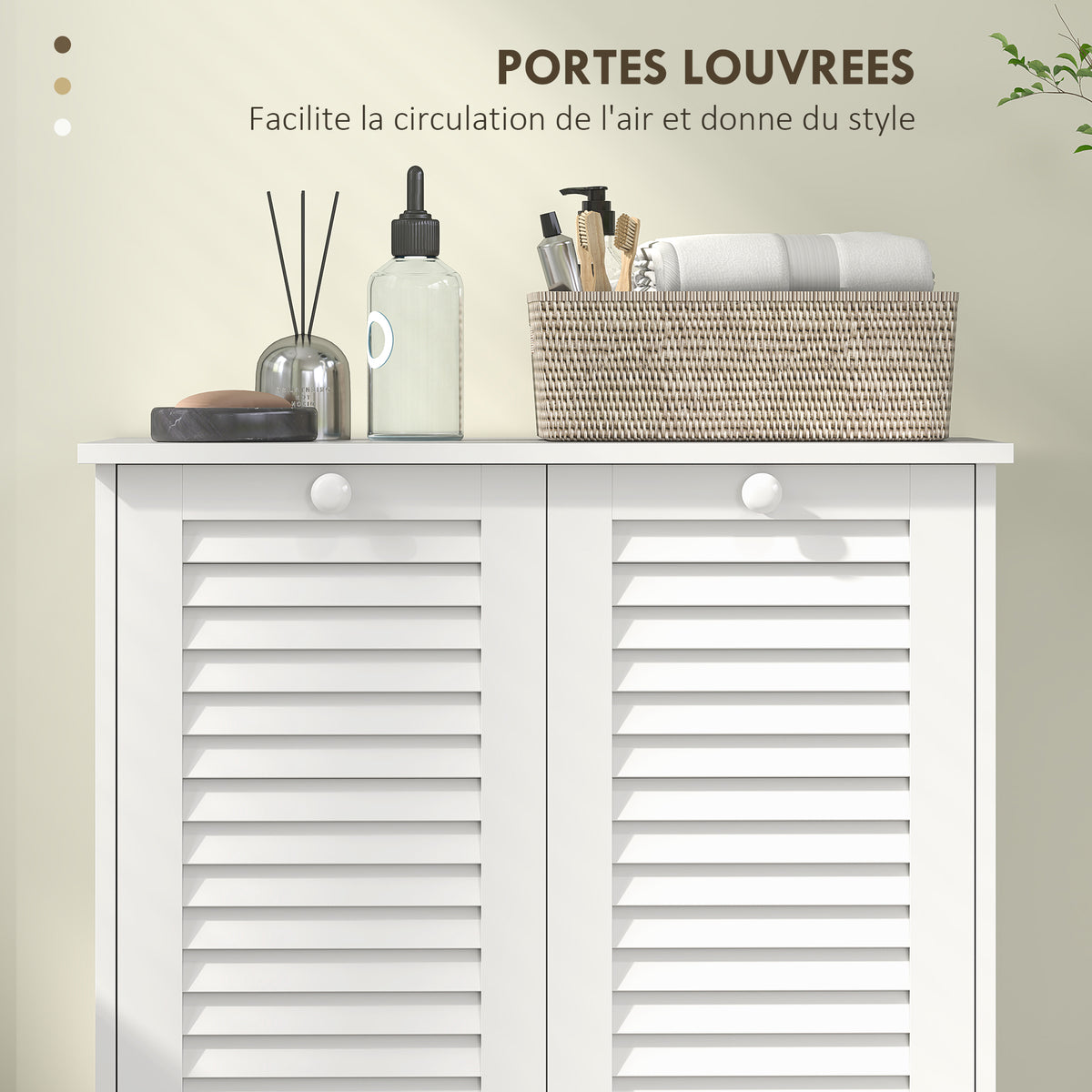 Meuble salle de bain avec panier à linge armoire salle de bain en bois portes persiennes 2 paniers 70 x 38 x 73 cm blanc-4