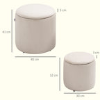 Lot de 2 poufs tabourets repose-pieds coffre de rangement en tissu aspect velours côtelé Ø40 cm et Ø30 cm, crème-2