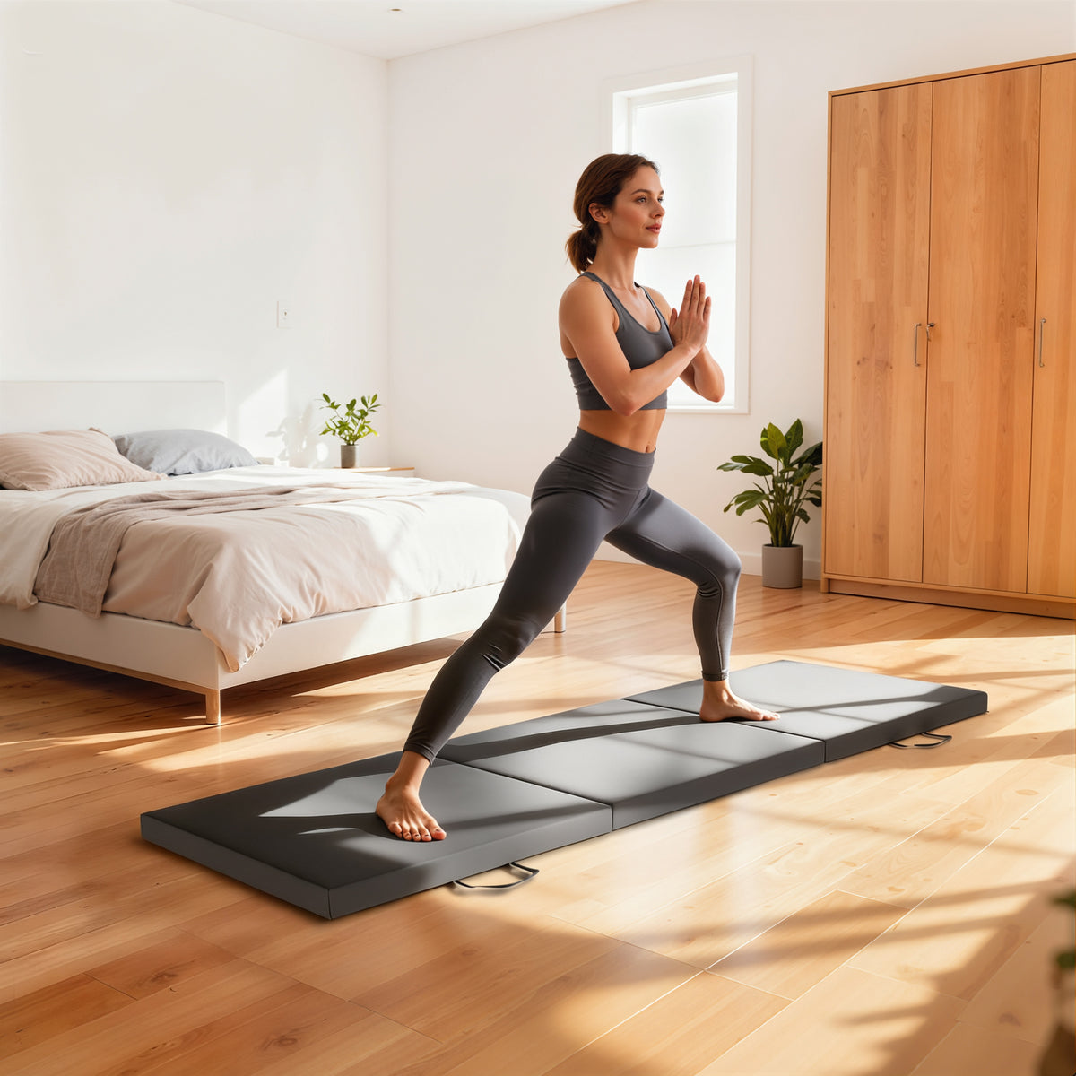 Tapis de gymnastique yoga pilates fitness pliable en 3 panneaux avec poignées revêtement synthétique 180 x 60 x 5cm gris-1
