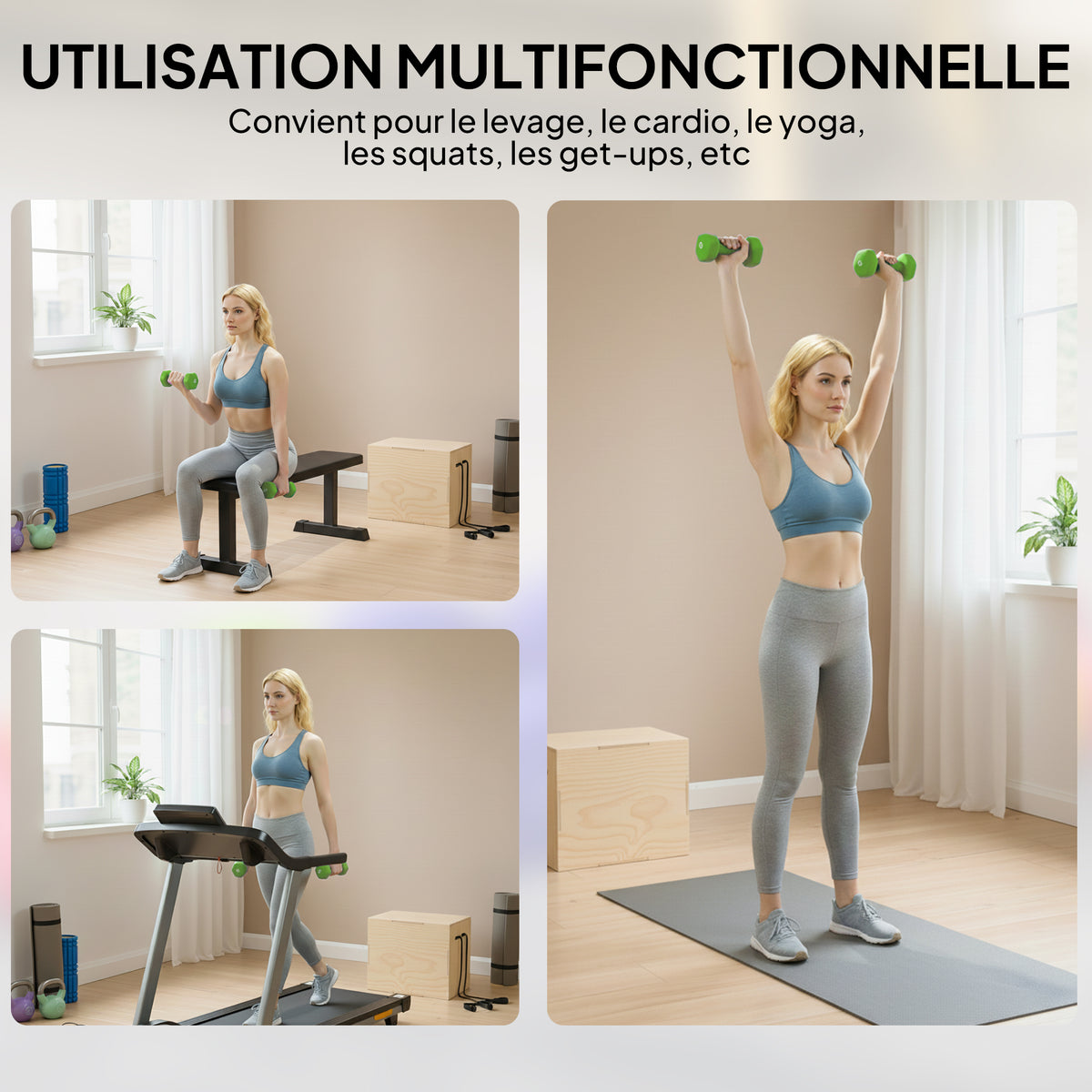 Ensemble d'haltères hexagonaux total 20 kg lot de 8 haltères courts de gym avec revêtement en polyuréthane multicolore-3