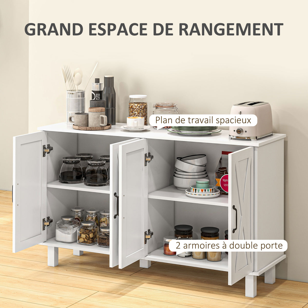 Meuble de rangement buffet bas 4 portes avec étagères réglables en hauteur style campagne longueur 120 cm blanc-3