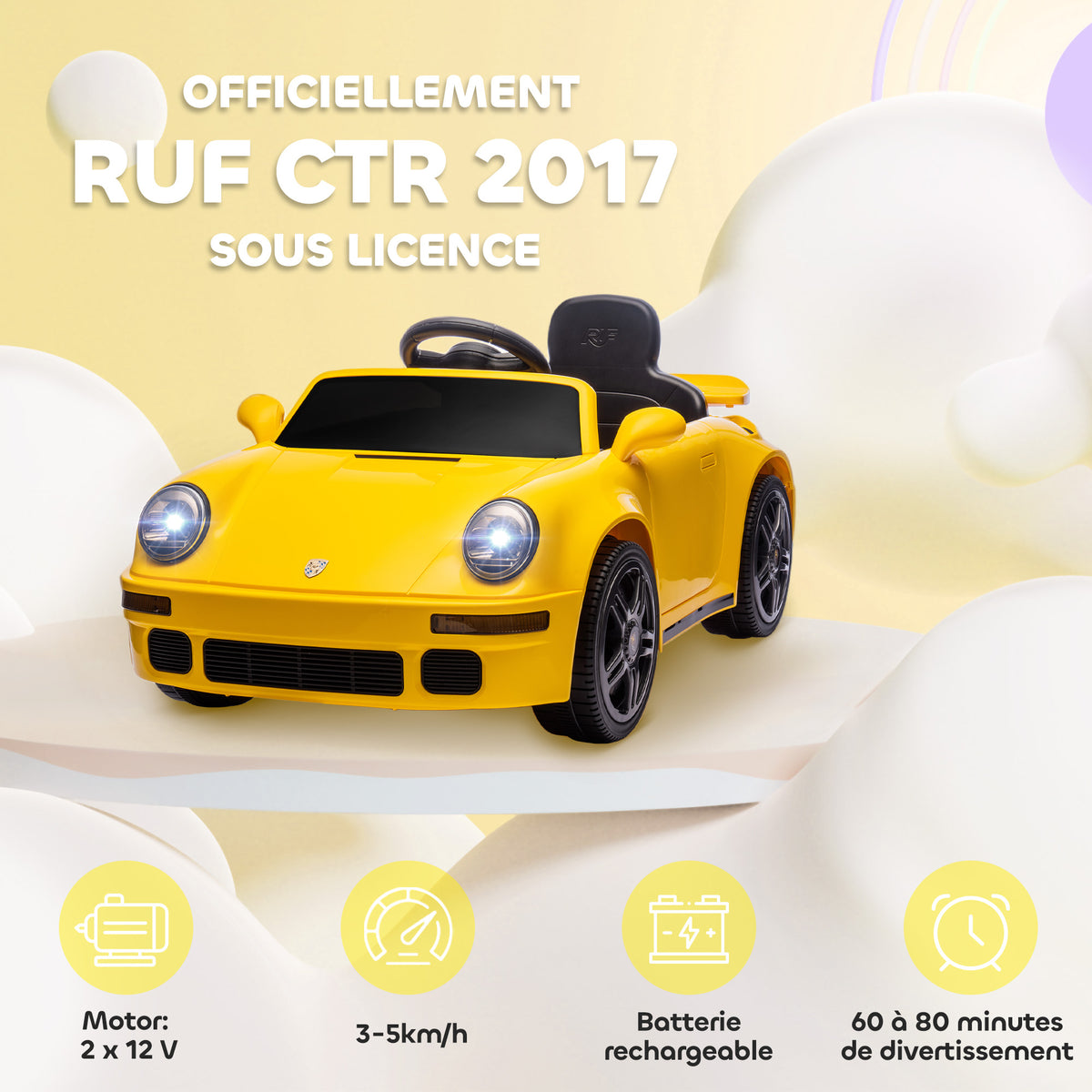 Voiture électrique enfants, véhicule électrique 12V, télécommande 2,4G, phares, musique, klaxon, 103 x 55 x 44 cm, jaune-3