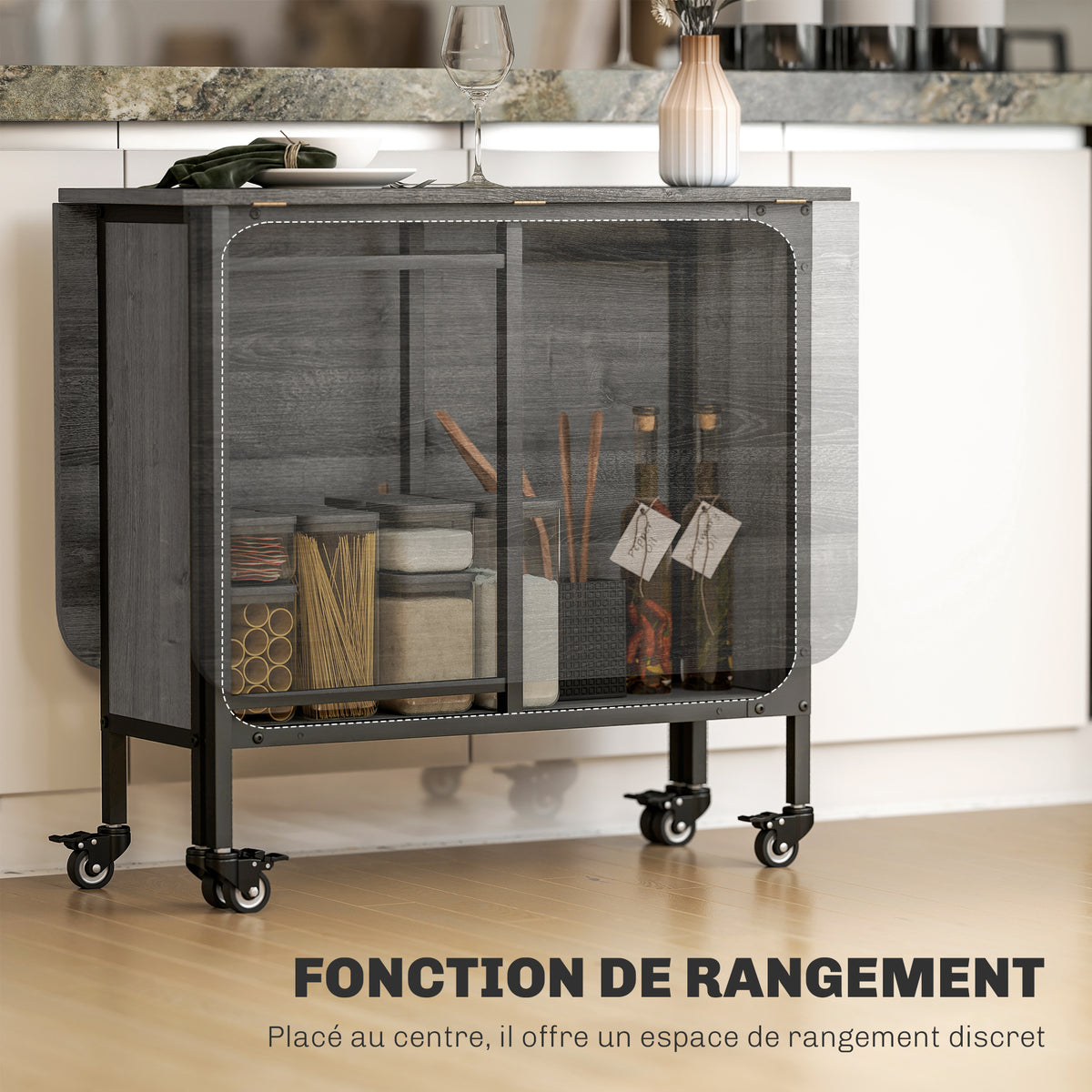 Table pliante de cuisine extensible salle à manger sur roulettes jusqu'à 6 personnes étagère intégrée, 6 roues, Gris-4