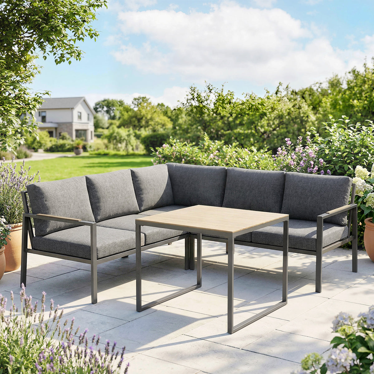 Salon de Jardin Extérieur 3 Pièces 5 Personnes, 2 Canapés avec Coussins Épais, 1 Table Basse, 183x183x72cm, Gris Foncé-1