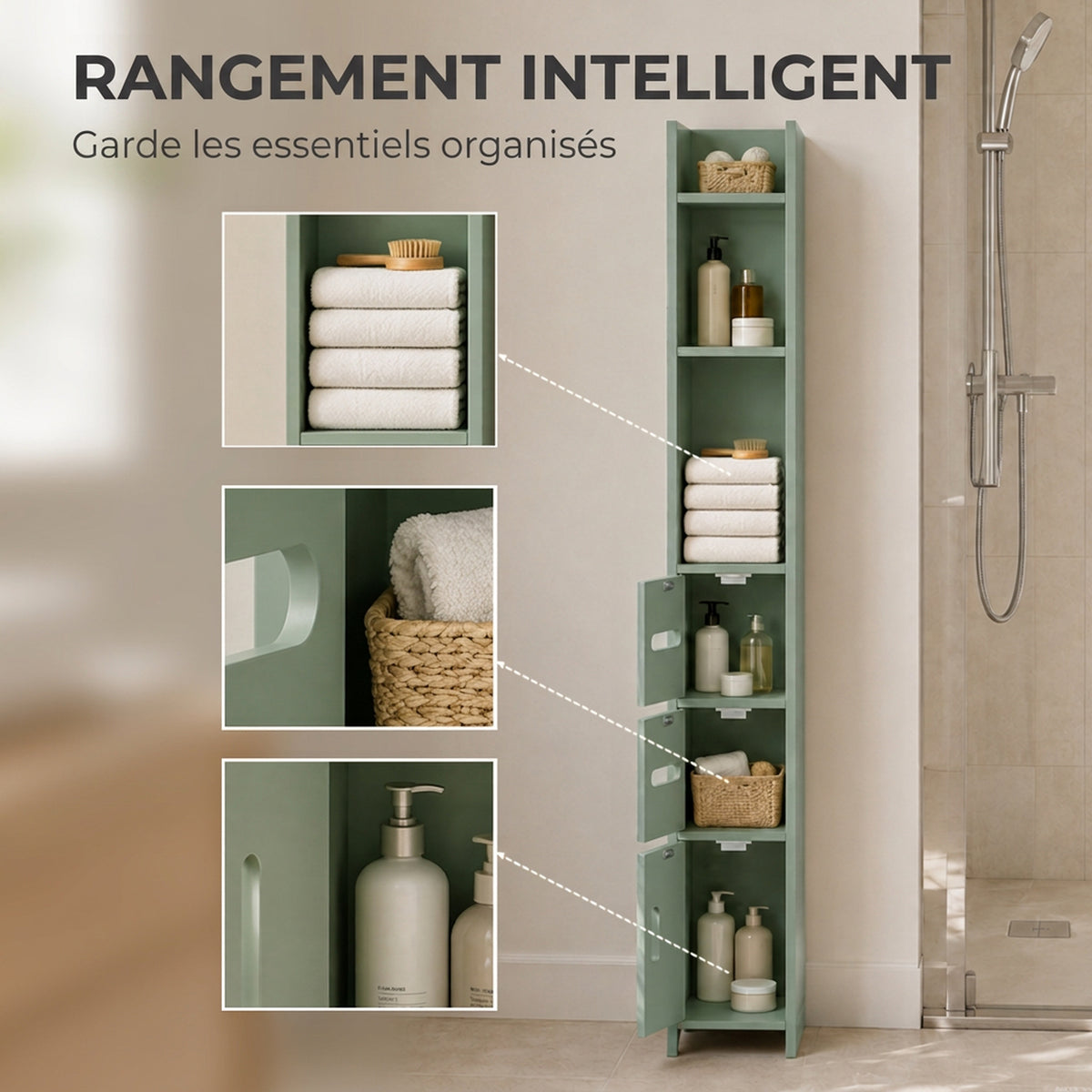 Meuble Colonne de Salle de Bain, Armoire Toilette Haute avec Étagères et Placards - 15 x 17 x 120 cm, Vert Clair-4
