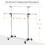 Portant à Vêtements, Tringle Réglable à Roulettes en Acier Inox, Charge Max. 25 kg, Argent-3
