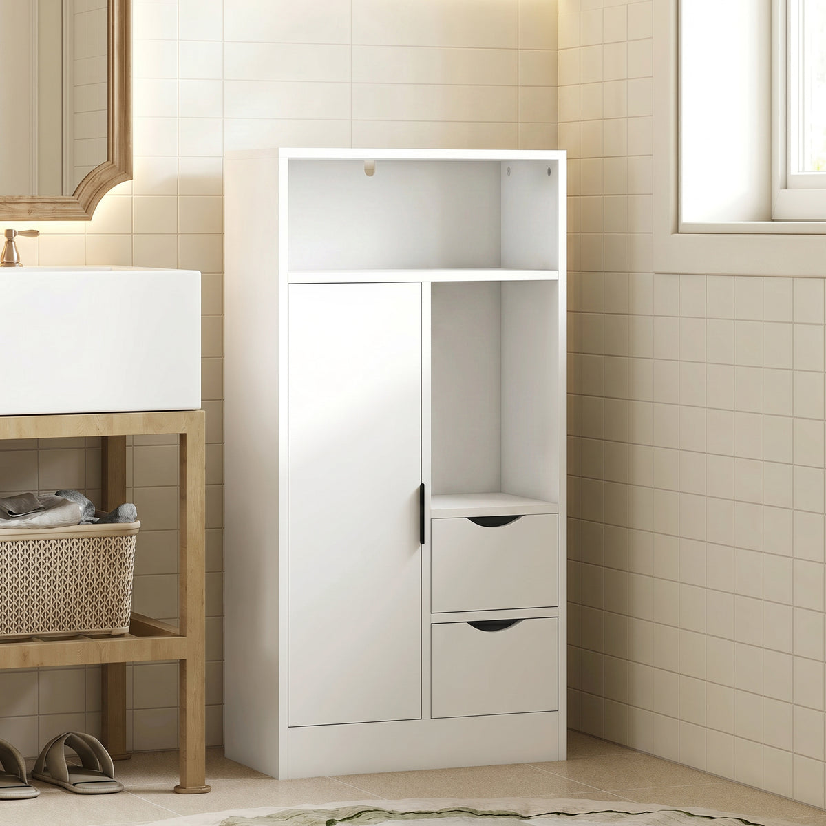 Meuble de salle de bain, meuble de rangement étroit avec 2 tiroirs, compartiments ouverts, 50x25x100cm, blanc-1