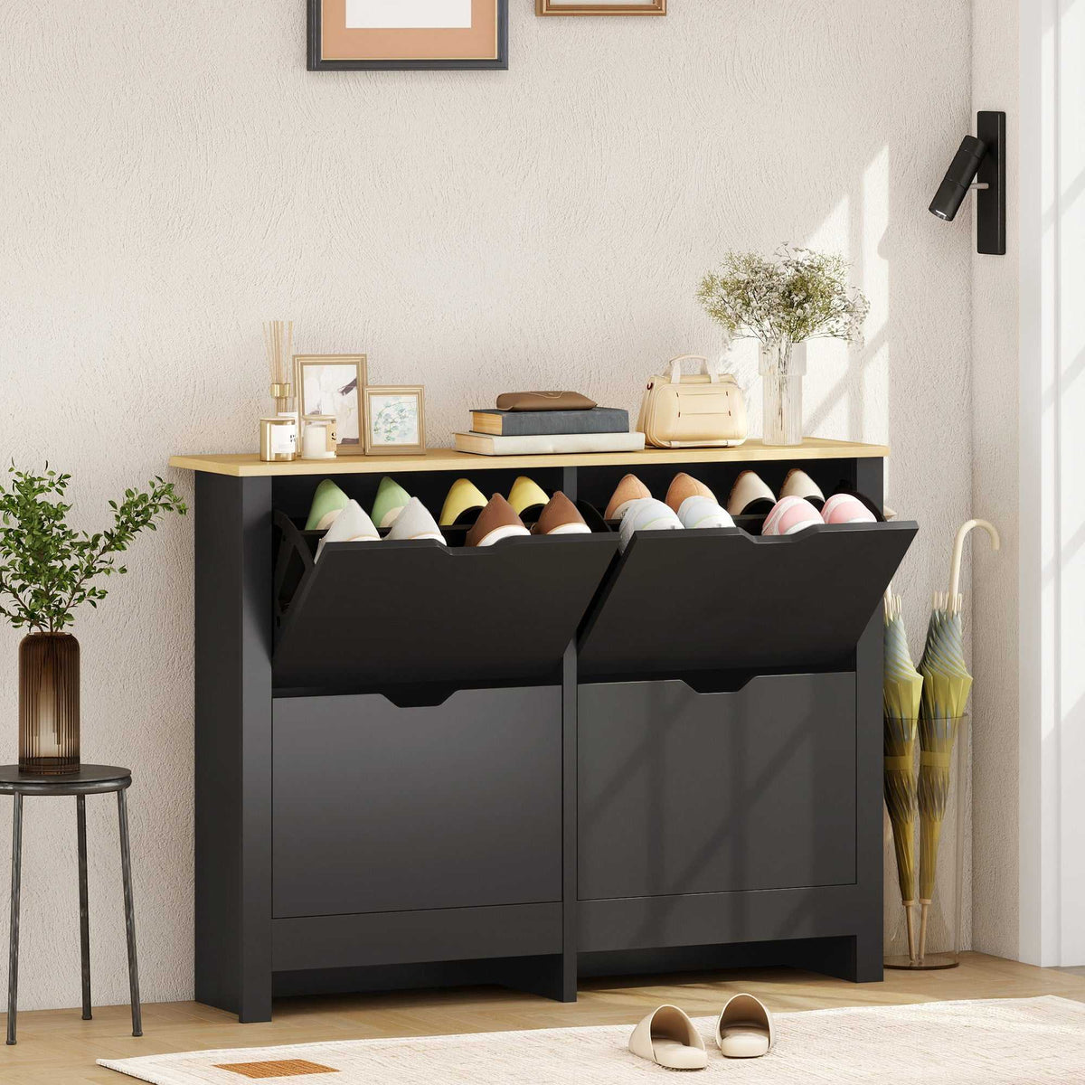 Meuble à chaussures 16 paires, armoire à chaussures avec 4 tiroirs rabattables étagères réglables, noir et bois naturel-1