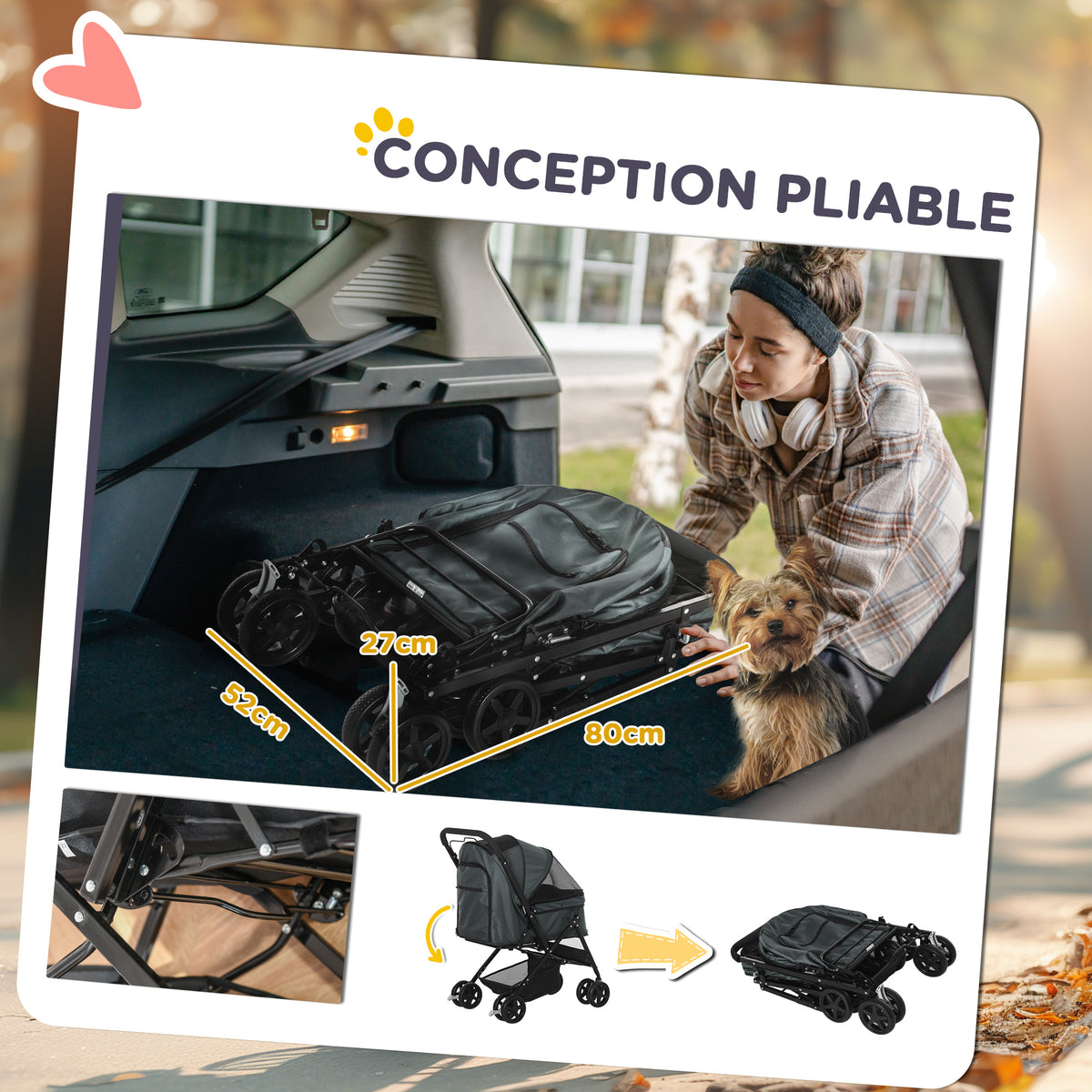 Poussette pour chien animaux de compagnie pliable 4 roues EVA guidon réglable panier 76,5 x 52 x 95 cm-4