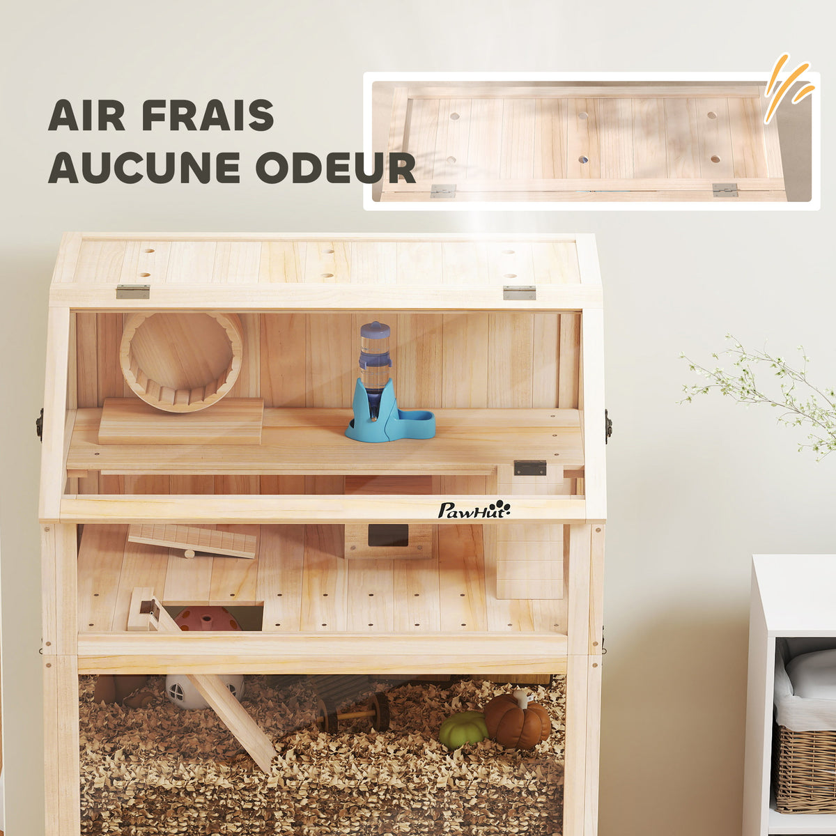 Cage pour hamster habitat pour rongeur 3 étages avec panneau acrylique et roue 80x53x117cm effet bois naturel-7