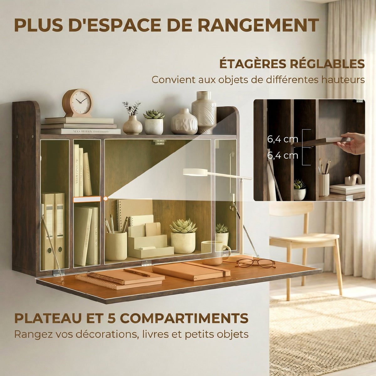 Bureau suspendu table murale table d'ordinateur murale et tablette rabattable avec rangements - 77 x 20 x 51 cm-4