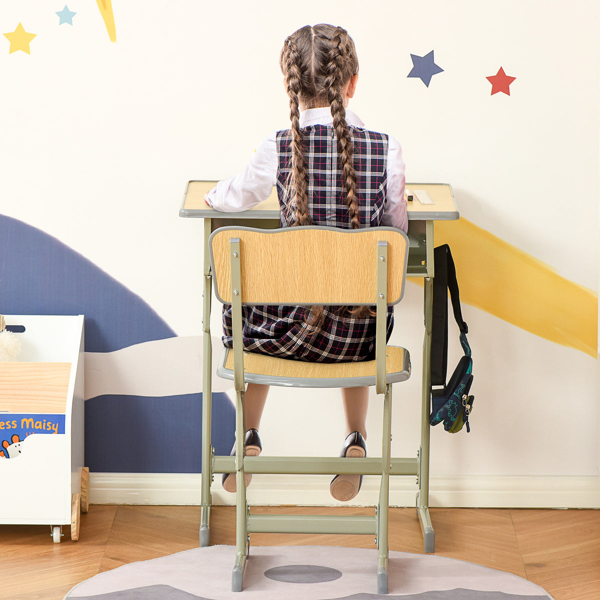 Bureau enfant Vintage style pupitre d'écolier - ensemble bureau et chaise réglable - case de rangement, bracket, range-stylos - acier kaki MDF aspect bois clair-1