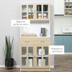 Buffet haut de Cuisine Armoire de Cuisine Multi-Rangement 4 Portes vitrine Verre avec étagère tiroir Coulissant Grand Plateau en Bois Blanc Aspect chêne Clair-5