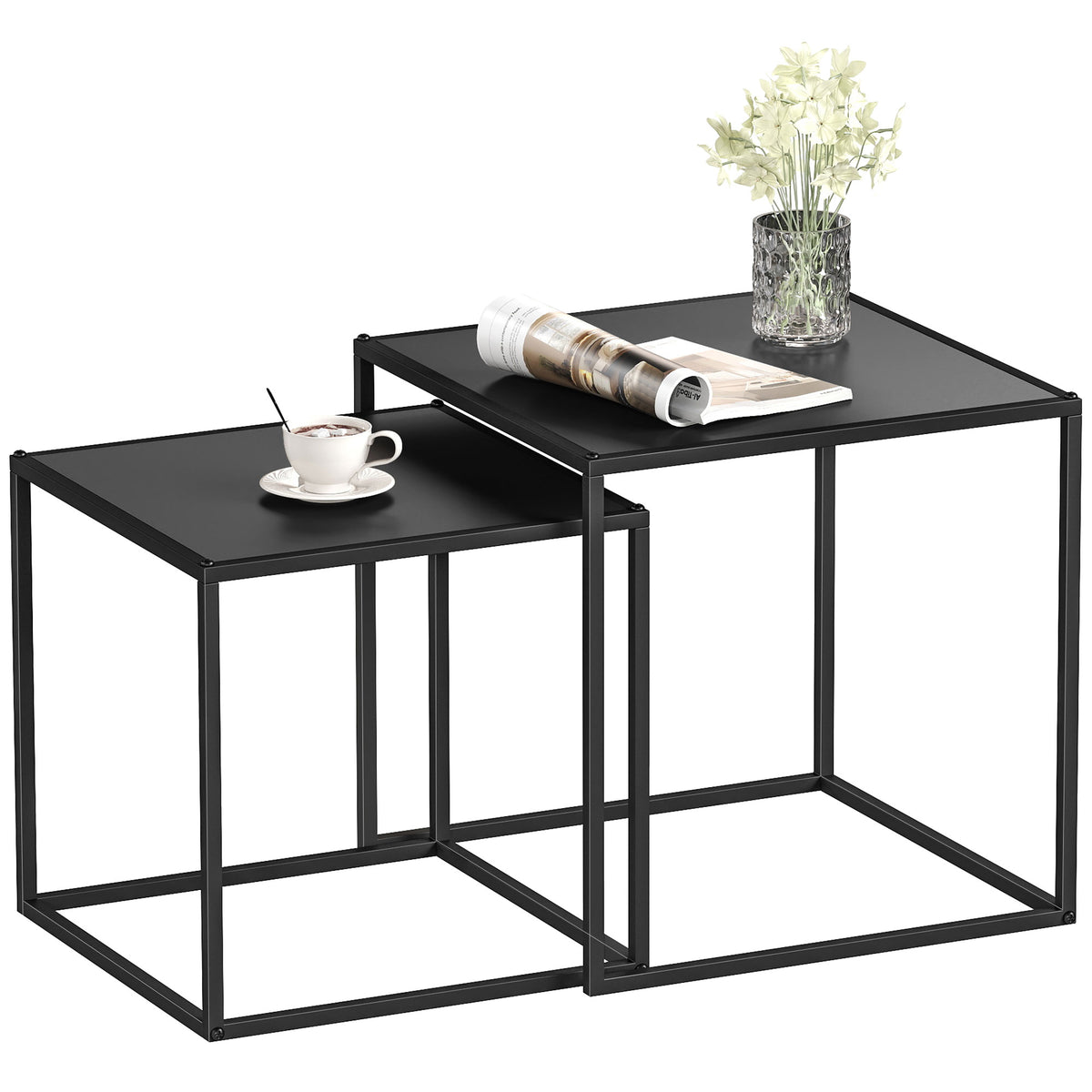Lot de 2 tables basses gigognes carrées style industriel en métal noir mat - dim. 40 et 35 cm-0