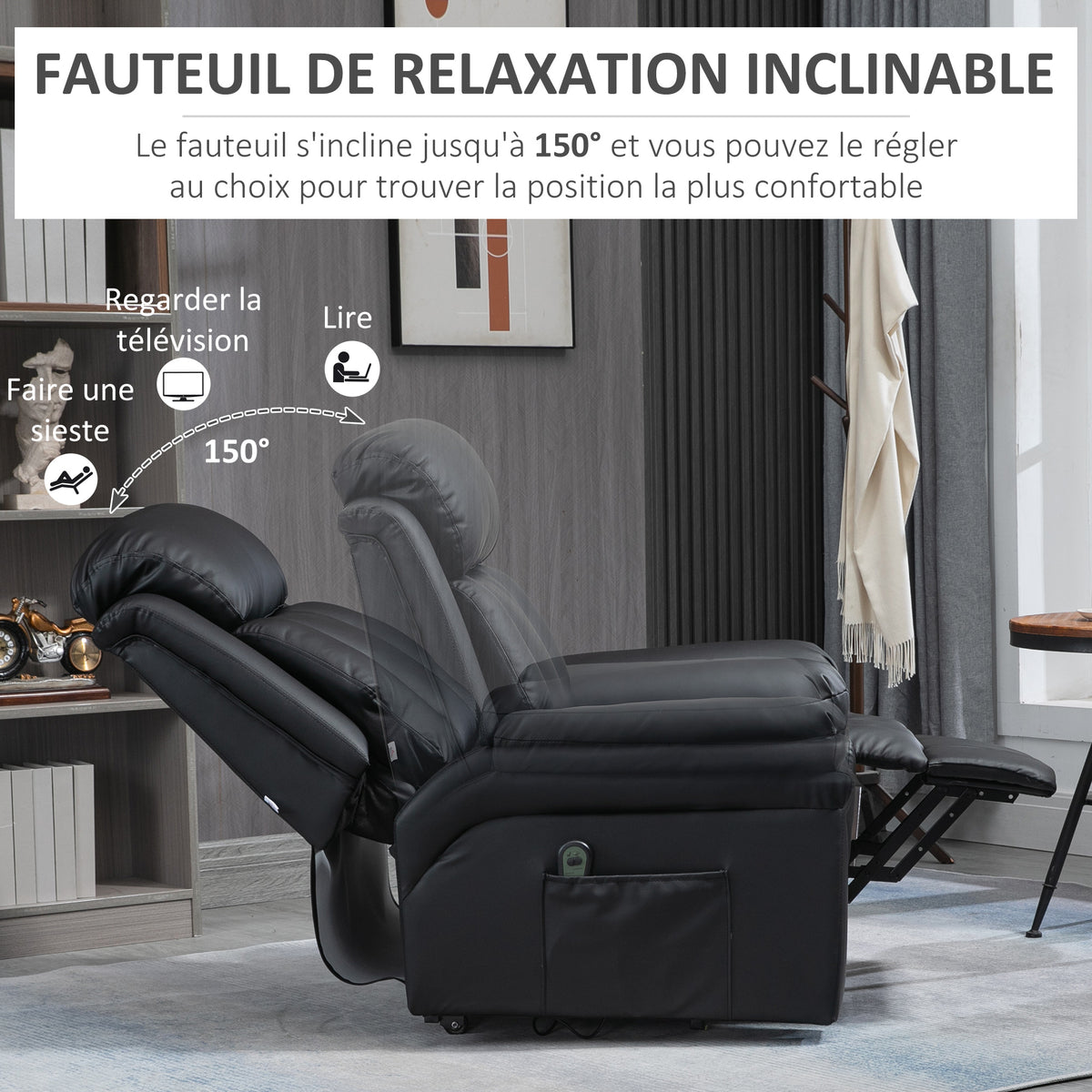 Fauteuil de Relaxation électrique Fauteuil releveur inclinable avec Repose-Pied Ajustable revêtement synthétique Noir-4