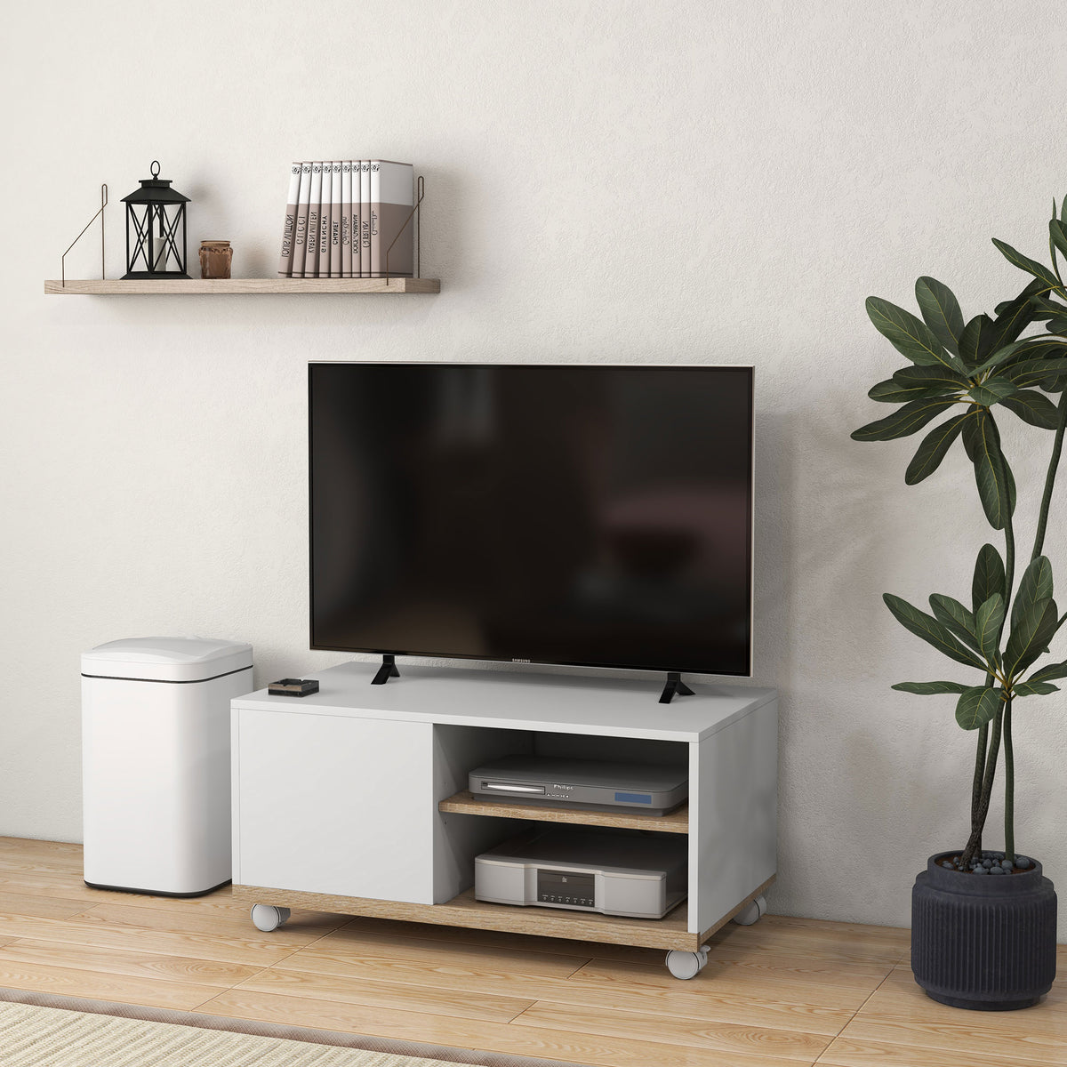 Meuble TV sur roulettes avec 2 Freins - 2 niches + Placard Porte 2 Passe-Fil - en bois Blanc chêne Clair-9