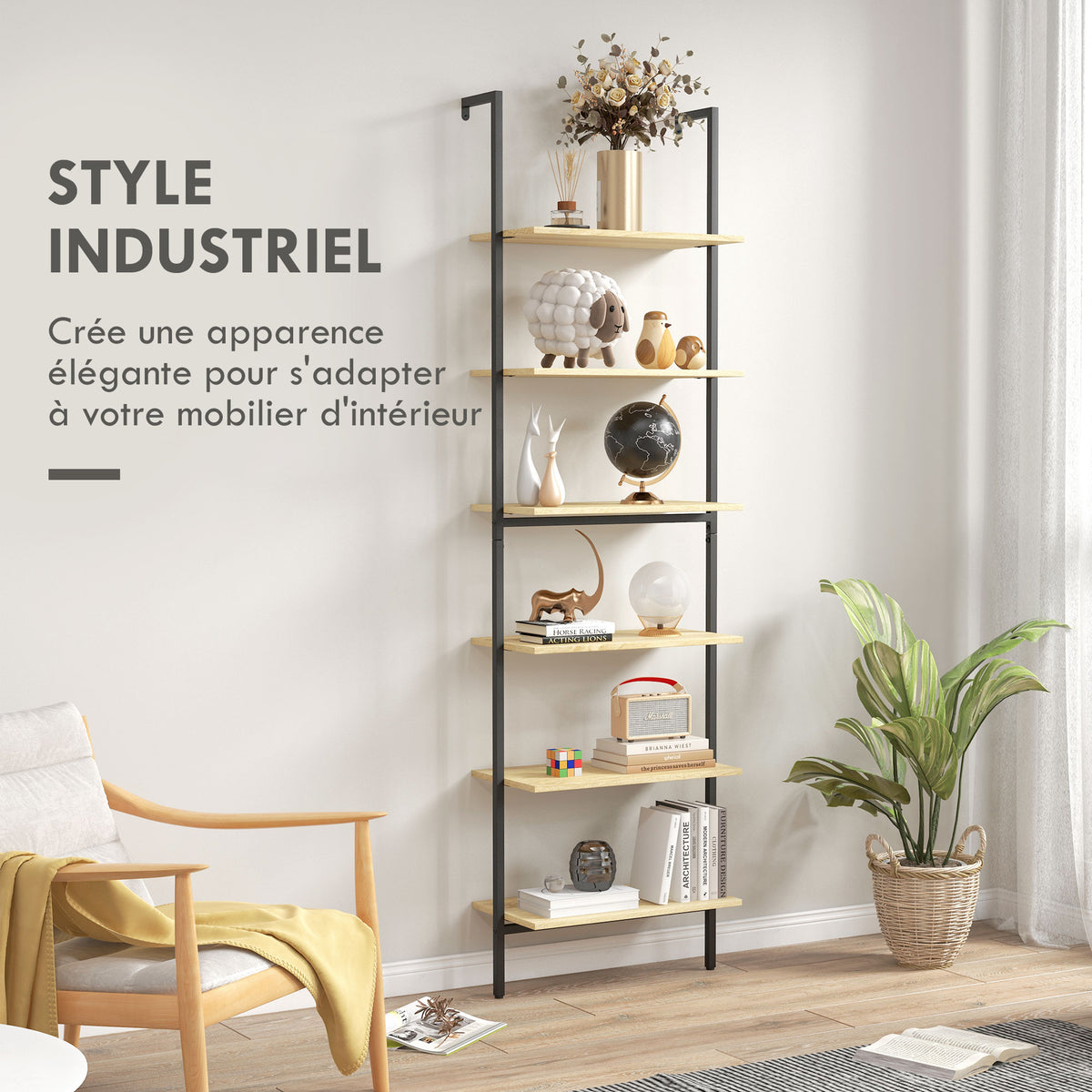 Étagère échelle mural bibliothèque style industriel 6 étagères acier noir aspect bois naturel dim. 60L x 30l x 206H cm-3