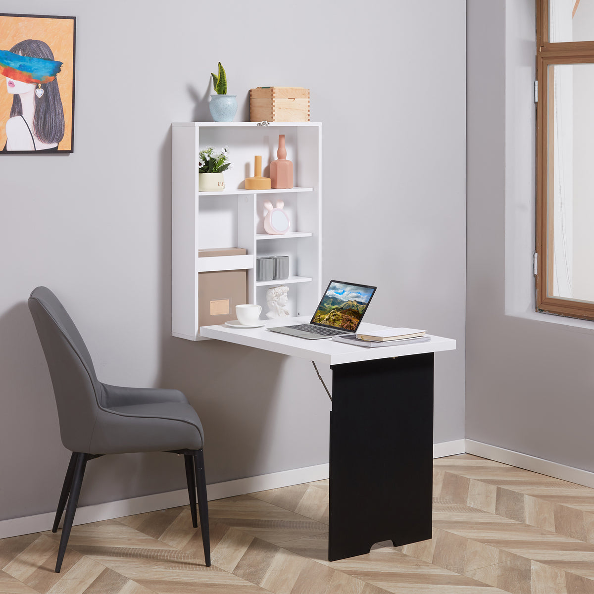 Bureau Mural Pliable Table Murale Rabattable Suspendue sur Pied étagère + Tableau à Craie intégré MDF Blanc-8