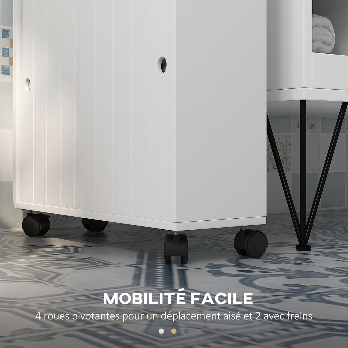 Meuble de rangement toilette salle de bain avec rangement papier toilette sur roulettes - 52 x 17 x 67 cm blanc-4