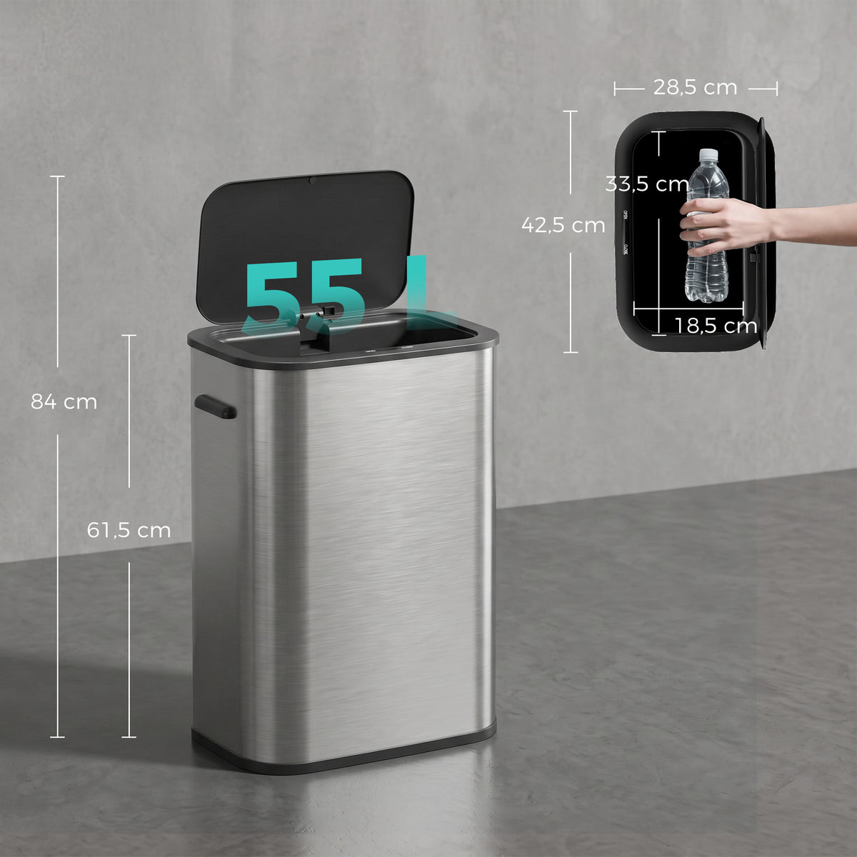 Poubelle de Cuisine Automatique 55L en Acier Inoxydable, Couvercle à Fermeture en Douceur, Fonctionne sur Piles, Argent-2