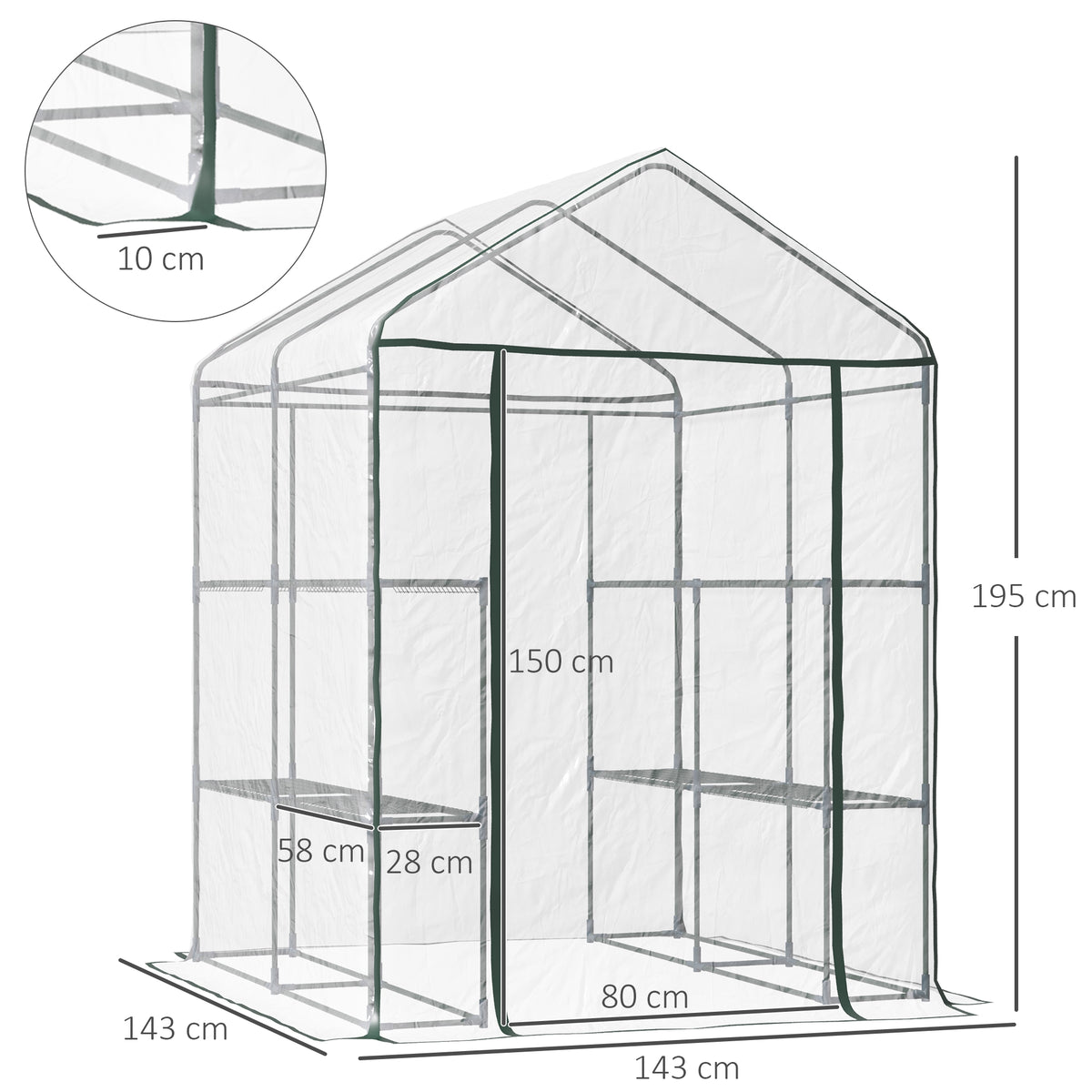 Serre jardin étagères 3 niveaux, balcon, châssis acier, porte zippée, int./ext., 143x143x195cm, transparent-2