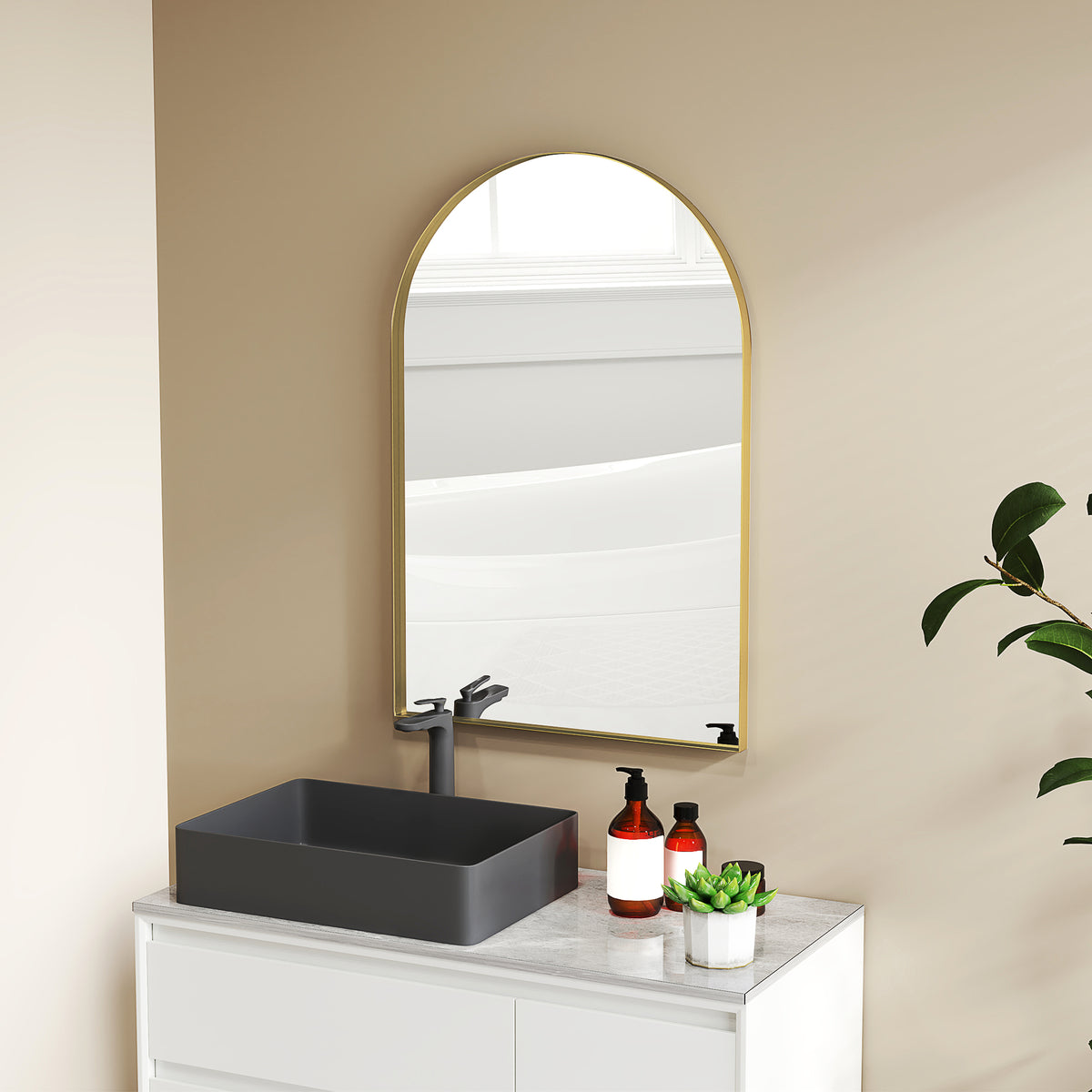 Miroir mural arqué miroir de salle de bain avec cadre en alliage d'aluminium pour chambre salon entrée 60 × 90 cm or-8