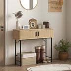 Console meuble, table console avec portes coulissantes à lattes et pieds en acier, pour salon, chêne et noir-9