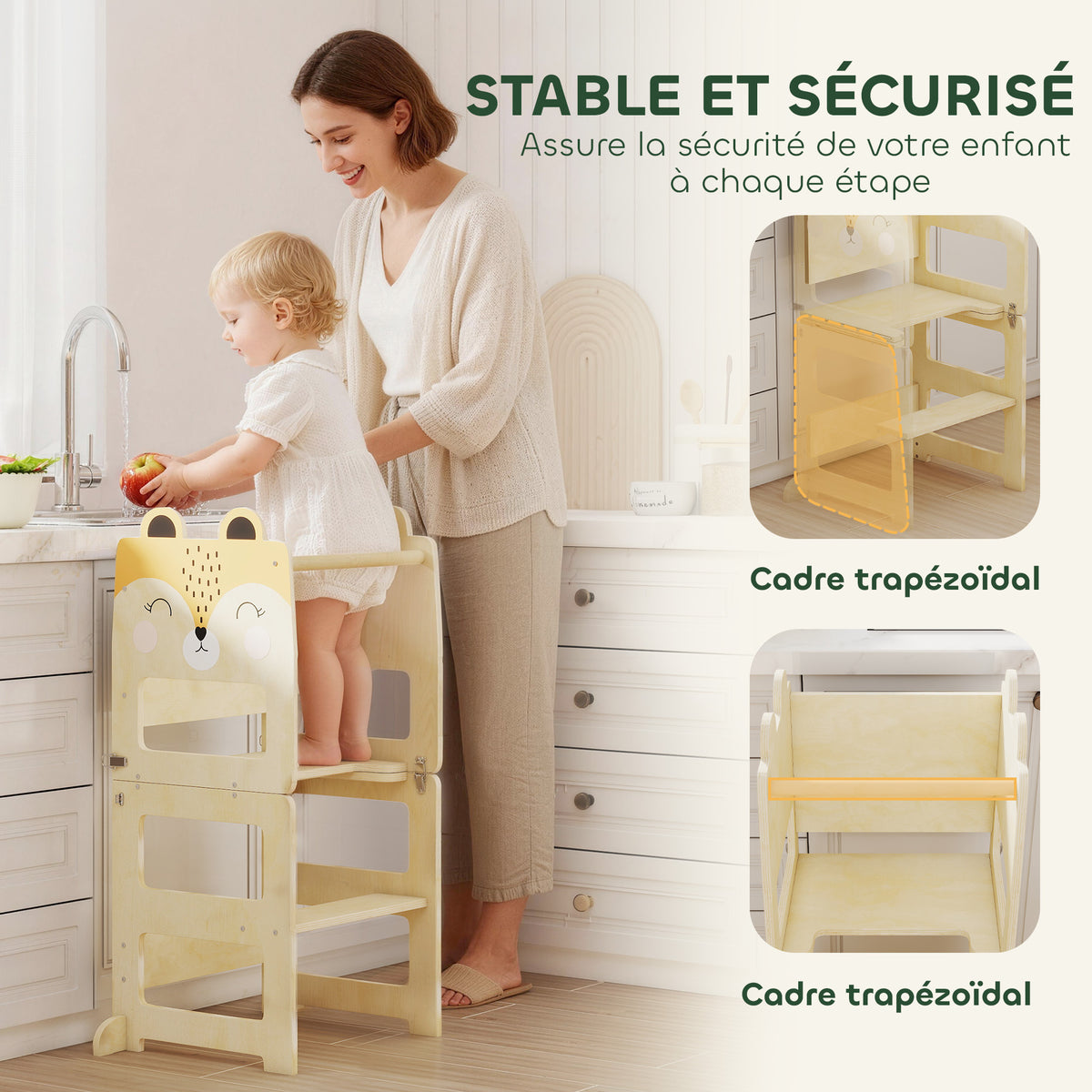Tour d'Apprentissage Enfant 3 en 1, Tour d'Observation Enfant Pliable avec Tableau Noir, Motif Renard, Naturel-4