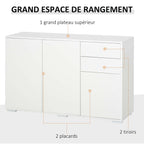 Buffet meuble de rangement 2 tiroirs coulissants 3 portes étagère réglable panneaux de particules 117 x 36 x 74 cm blanc-4