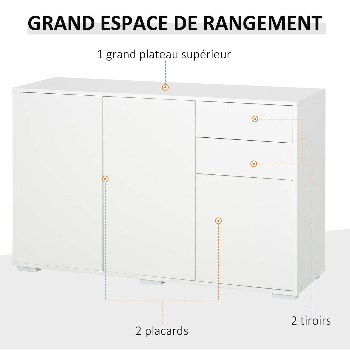 Buffet meuble de rangement 2 tiroirs coulissants 3 portes étagère réglable panneaux de particules 117 x 36 x 74 cm blanc-4