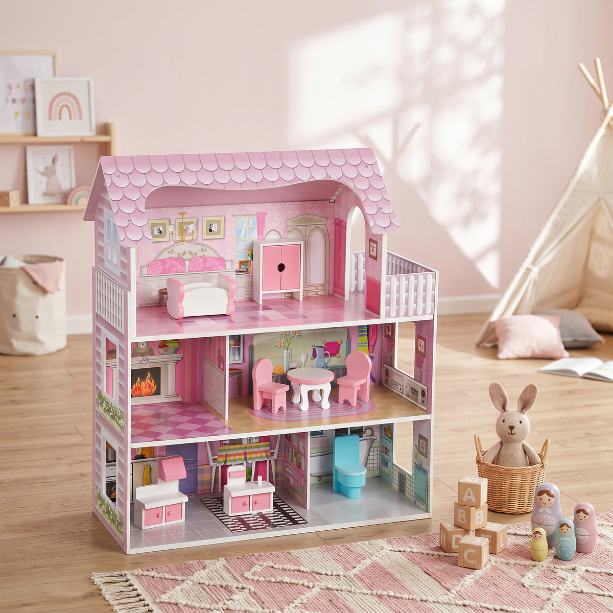 Maison de Poupée en Bois pour Enfants, Maison de Rêve Filles, 6 Pièces, Éclairage LED et 8 Meubles, 3-6 ans, Rose-1