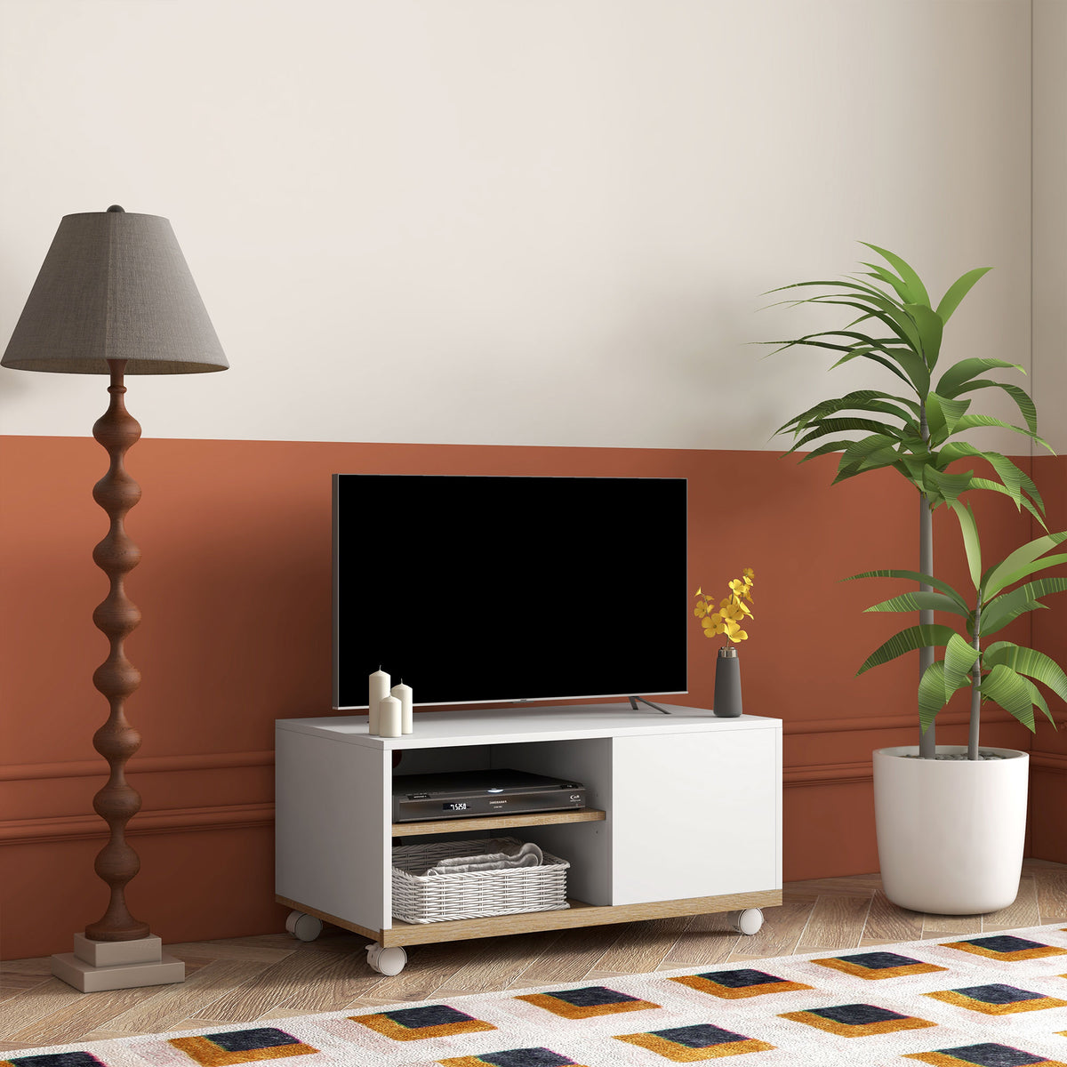 Meuble TV sur roulettes avec 2 Freins - 2 niches + Placard Porte 2 Passe-Fil - en bois Blanc chêne Clair-1