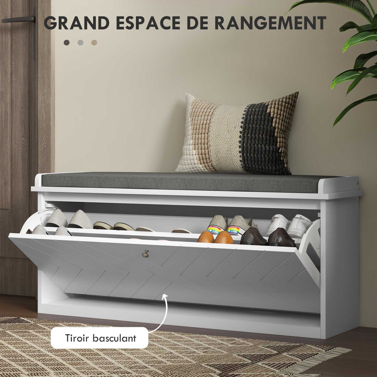 Banc à chaussures avec tiroir rabattable, coussin d'assise et étagère réglable, 100 x 26 x 48 cm, blanc-3
