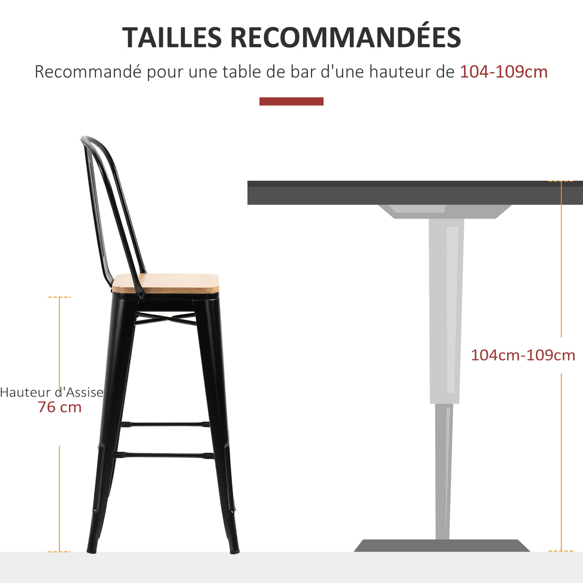 Lot de 4 tabourets de Bar Industriel avec Dossier Repose-Pied Hauteur Assise 76 cm métal noir Panneaux Multicouches Imitation Bois Clair-6